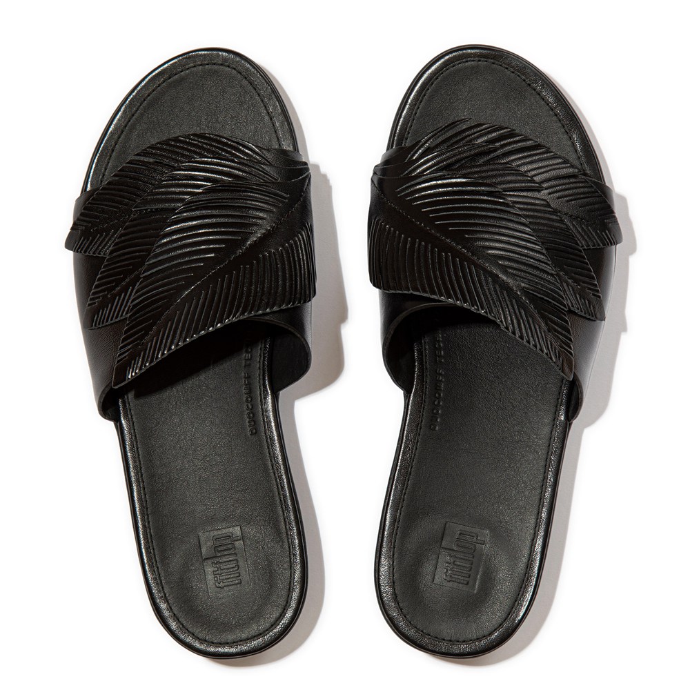 Fitflop Womens Slides - Sola Feather Metallic Leather - Black - 462-RBIHFV
